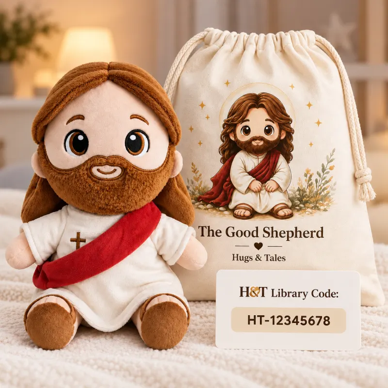 The complete Hugs & Tales package: Jesus plush, keepsake drawstring bag and H&T Library code card