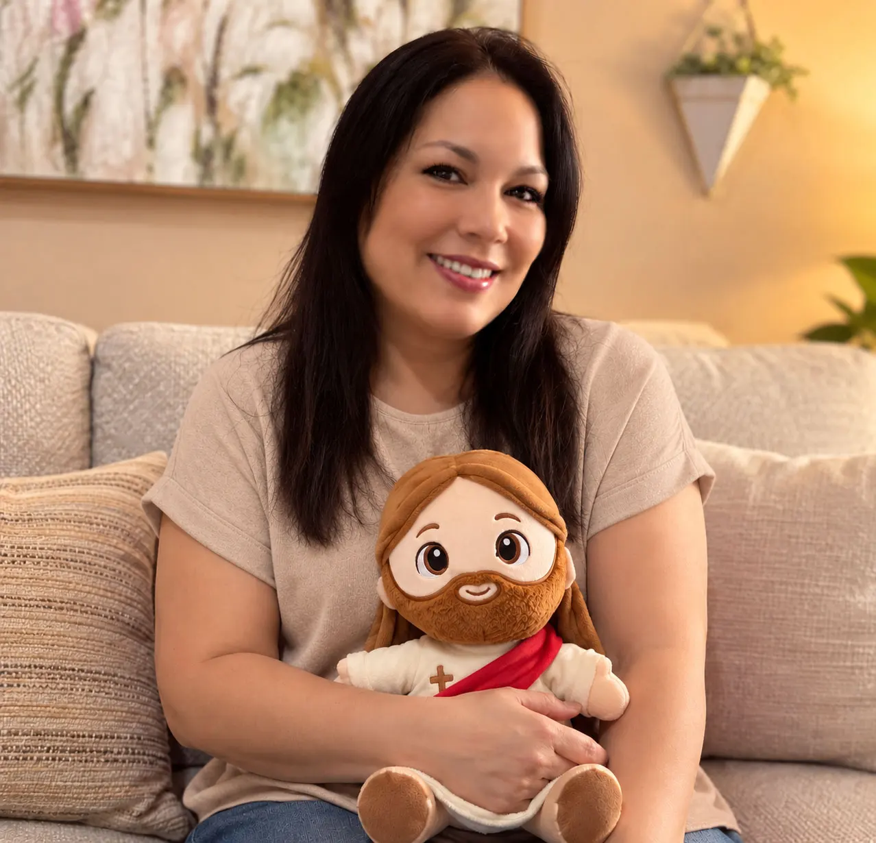 Consuelo, founder of Hugs & Tales, holding the Jesus plush