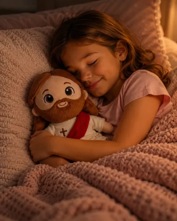 A child hugging the Jesus plush at bedtime