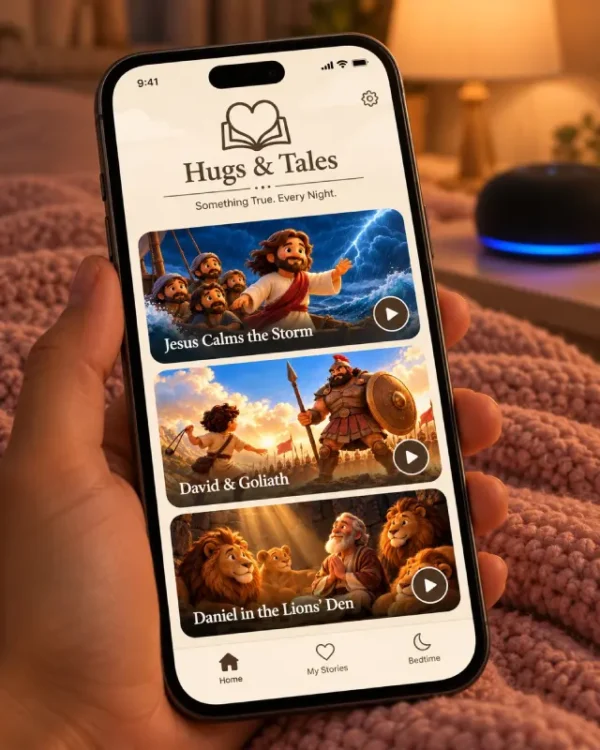 A phone showing the Hugs & Tales story library