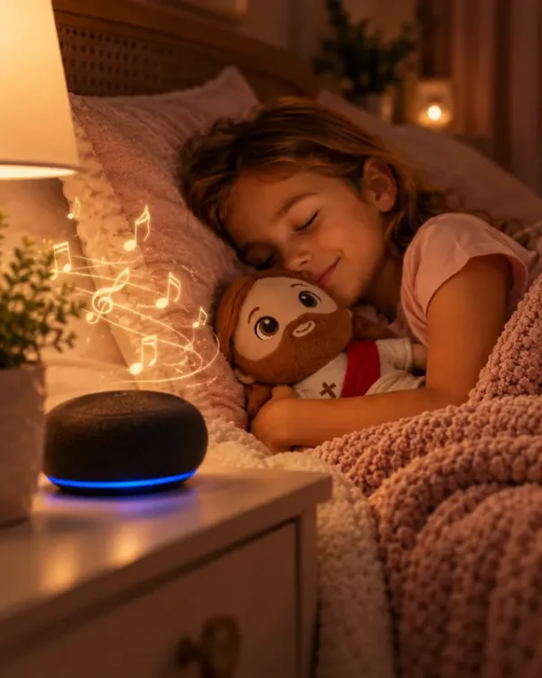 A child asleep with the Jesus plush beside a bedside speaker