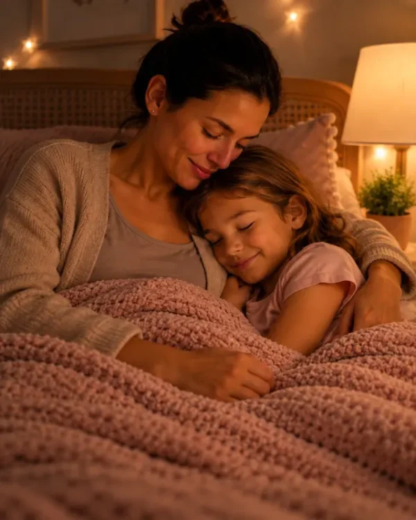 A mother cuddling her sleepy daughter under a soft blanket